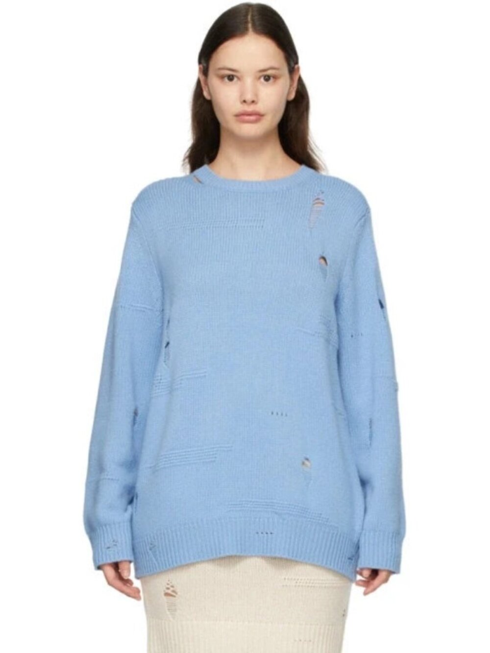 Helmut Lang Blue Wool Distressed Sweater XL Aquarius Yak Cashmere